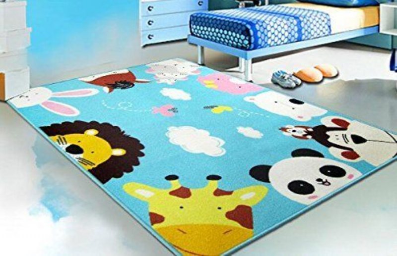 Blue Kids Rug Cartoon Animal Print Mattor Zoo World Barnmattor Och (blue Sky)