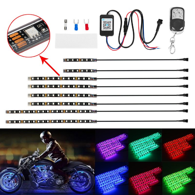 8st Motorcykel Bluetooth App Led Light Strip Kit Fjärrkontroll Blinkande Lampa