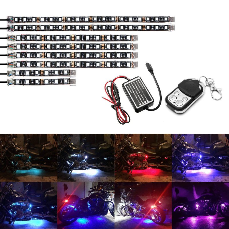 8st Motorcykel Led-ljussatser Strips Dc 12-volt Vattentät Rgb Flerfärgad Underglow Neon Markeffekt Atmosfärsljus Med Fjärrkontroll Och Självhäftande Klämmor