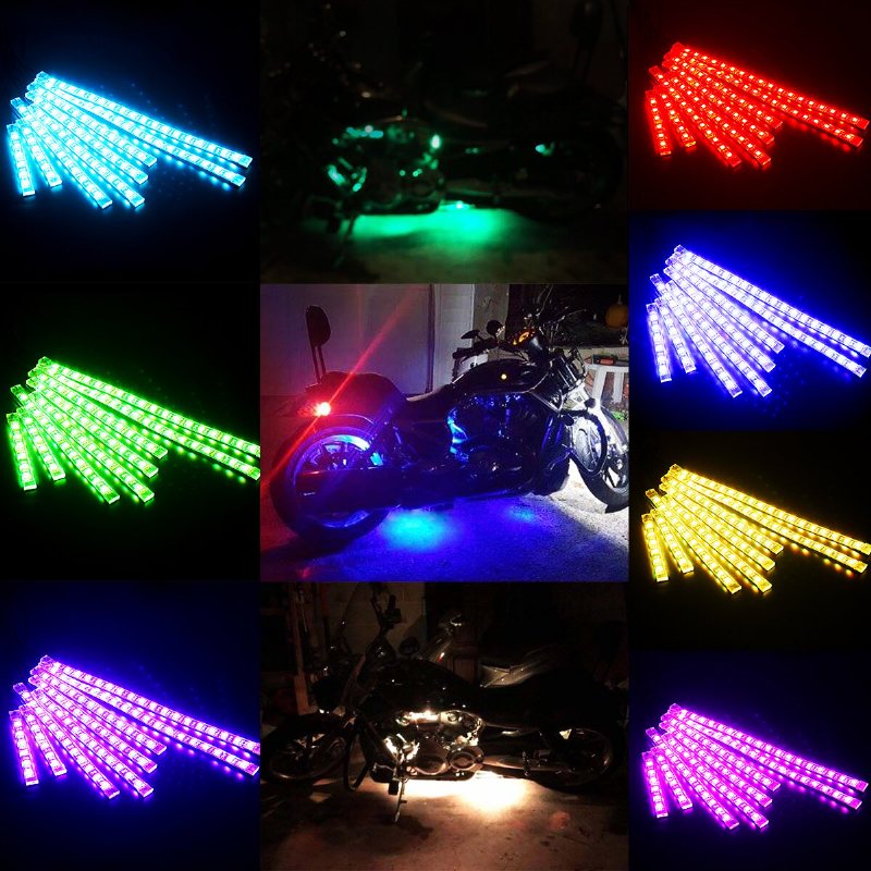 8st Motorcykel Led-ljussatser Strips Dc 12-volt Vattentät Rgb Flerfärgad Underglow Neon Markeffekt Atmosfärsljus Med Fjärrkontroll Och Självhäftande Klämmor