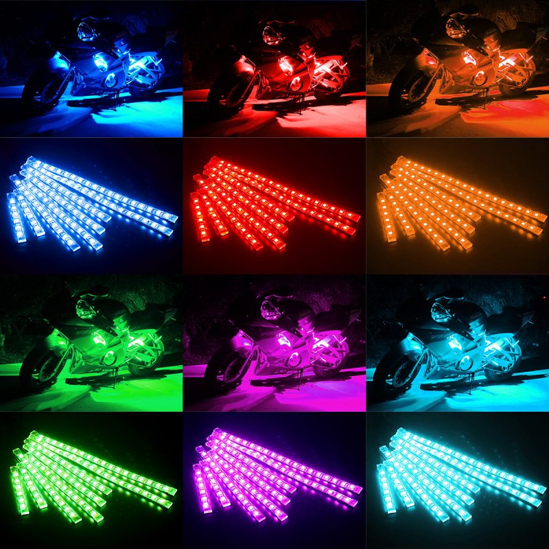 8st Motorcykel Led-ljussatser Strips Dc 12-volt Vattentät Rgb Flerfärgad Underglow Neon Markeffekt Atmosfärsljus Med Fjärrkontroll Och Självhäftande Klämmor