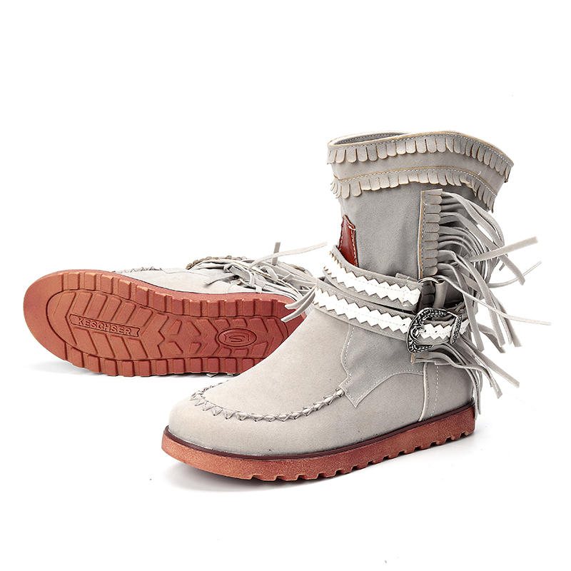 Kvinnor Tofs Fringe Mellan Ankel Boots Mode Spänne Motorcykel Platta Skor