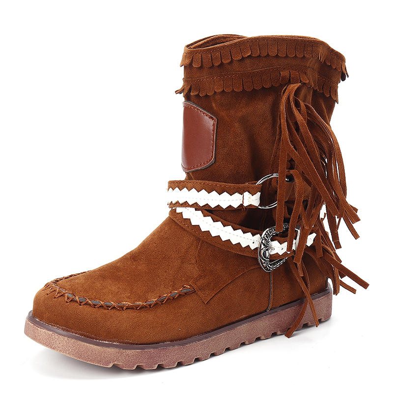 Kvinnor Tofs Fringe Mellan Ankel Boots Mode Spänne Motorcykel Platta Skor