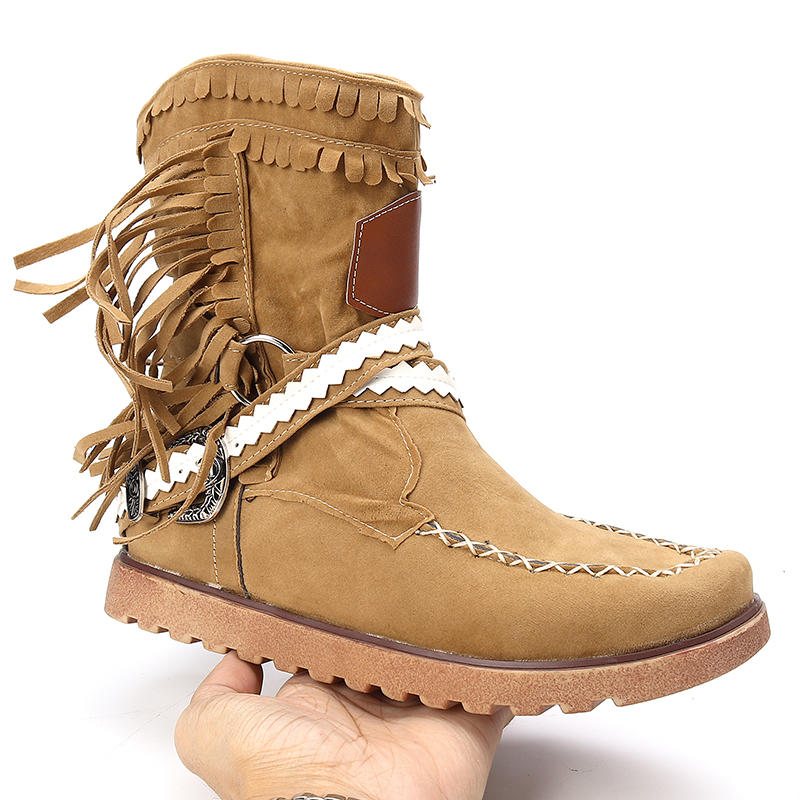 Kvinnor Tofs Fringe Mellan Ankel Boots Mode Spänne Motorcykel Platta Skor