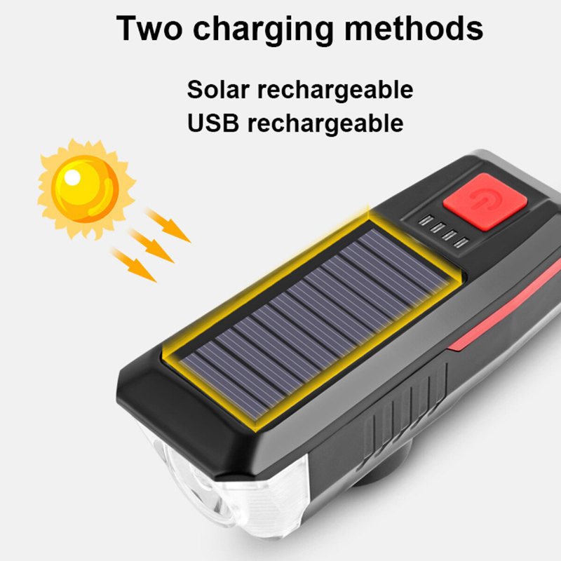 Solar Power Cykel Strålkastare Ring Bell Light Vattentät Uppladdningsbar Front Lampa