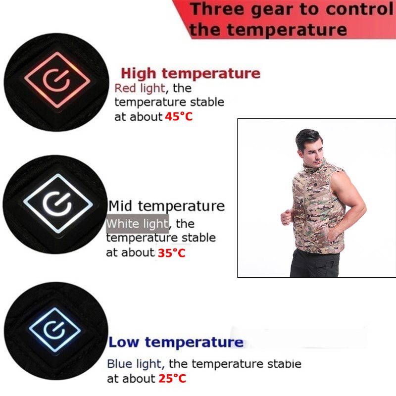 Usb Säkerhet Tre-hastighets Termostat Elektrisk Väst Kamouflage Utomhussport Varm