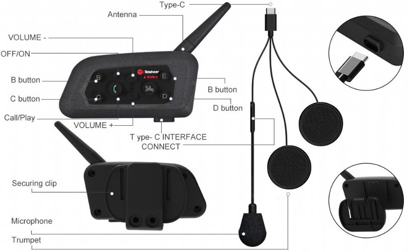 V6 1500m Motorcykel Bluetooth-hjälm Walkie-talkie Vattentät Bluetooth-högtalare Kan Två Personer Prata Samtidigt