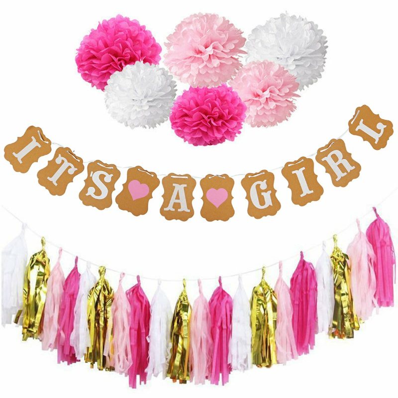 Boy Girl Baby Shower Set Banner Paper Pompom Tofs Garland Födelsedagsfest Dekorationer