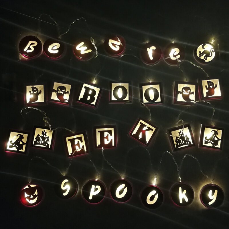 Trä Spooky Alphabet Evil Pumpkin Mönster Led-ljusslinga Halloween Hänge Hantverk För Hemfest Dekoration