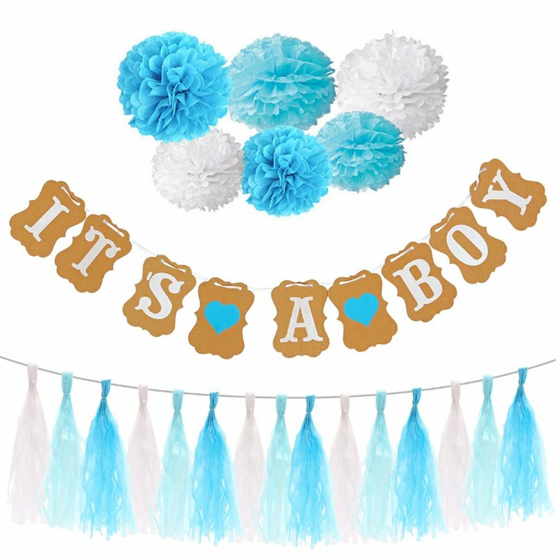 Boy Girl Baby Shower Set Banner Paper Pompom Tofs Garland Födelsedagsfest Dekorationer